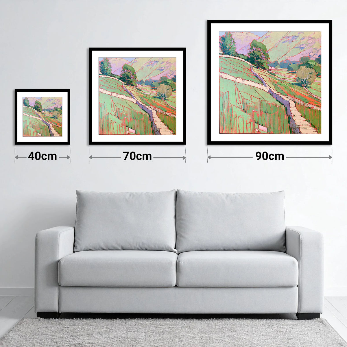 Vivid Drystone Wall Through Valley - size guide showing 40cm, 70cm and 90cm art prints