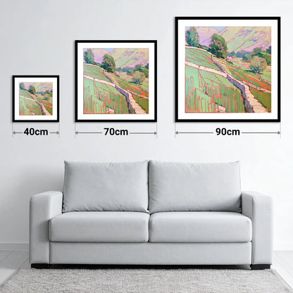 Vivid Drystone Wall Through Valley - size guide showing 40cm, 70cm and 90cm art prints