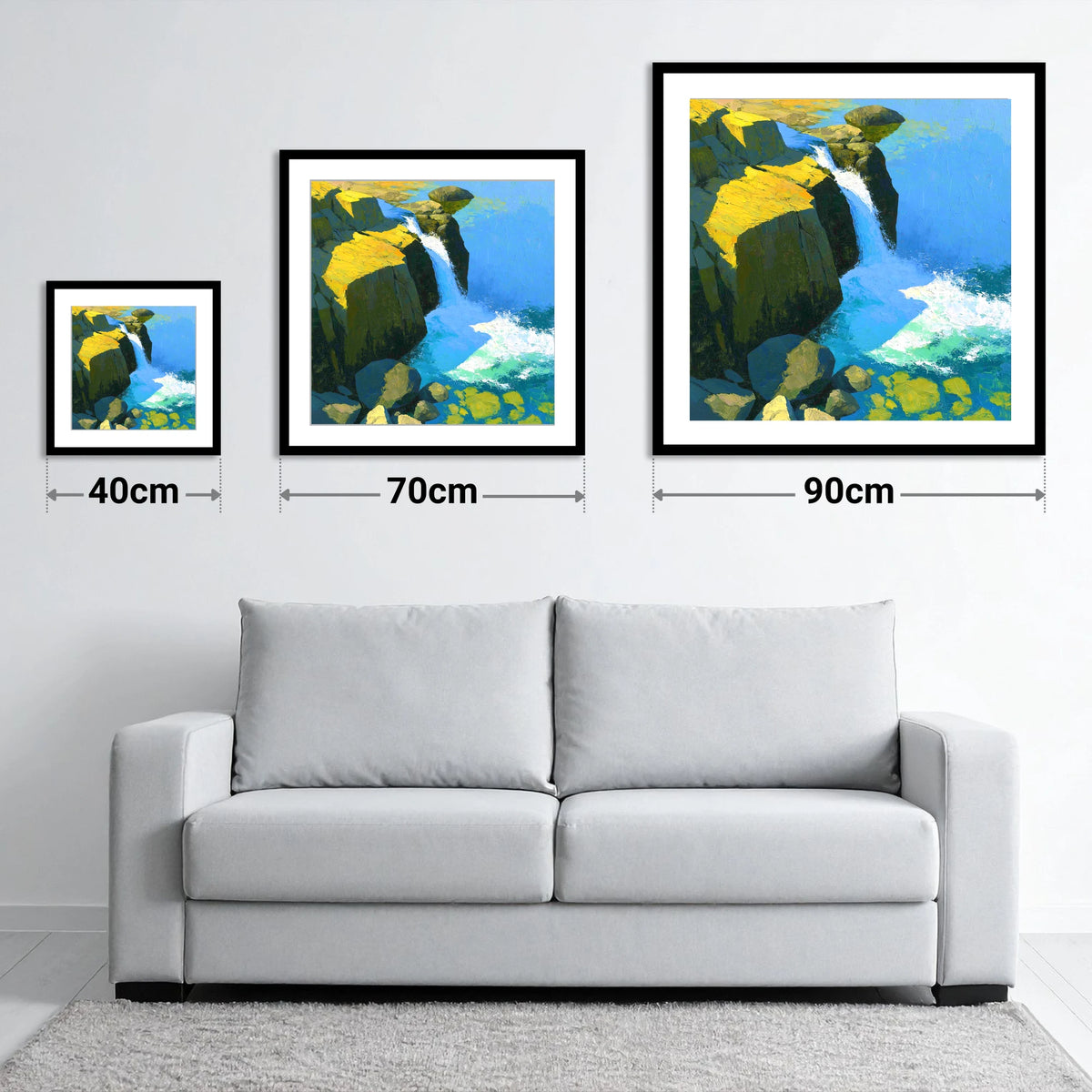 Sunlit Cascade over High Fell Rocks - size guide showing 40cm, 70cm and 90cm art prints