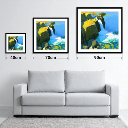 Sunlit Cascade over High Fell Rocks - size guide showing 40cm, 70cm and 90cm art prints