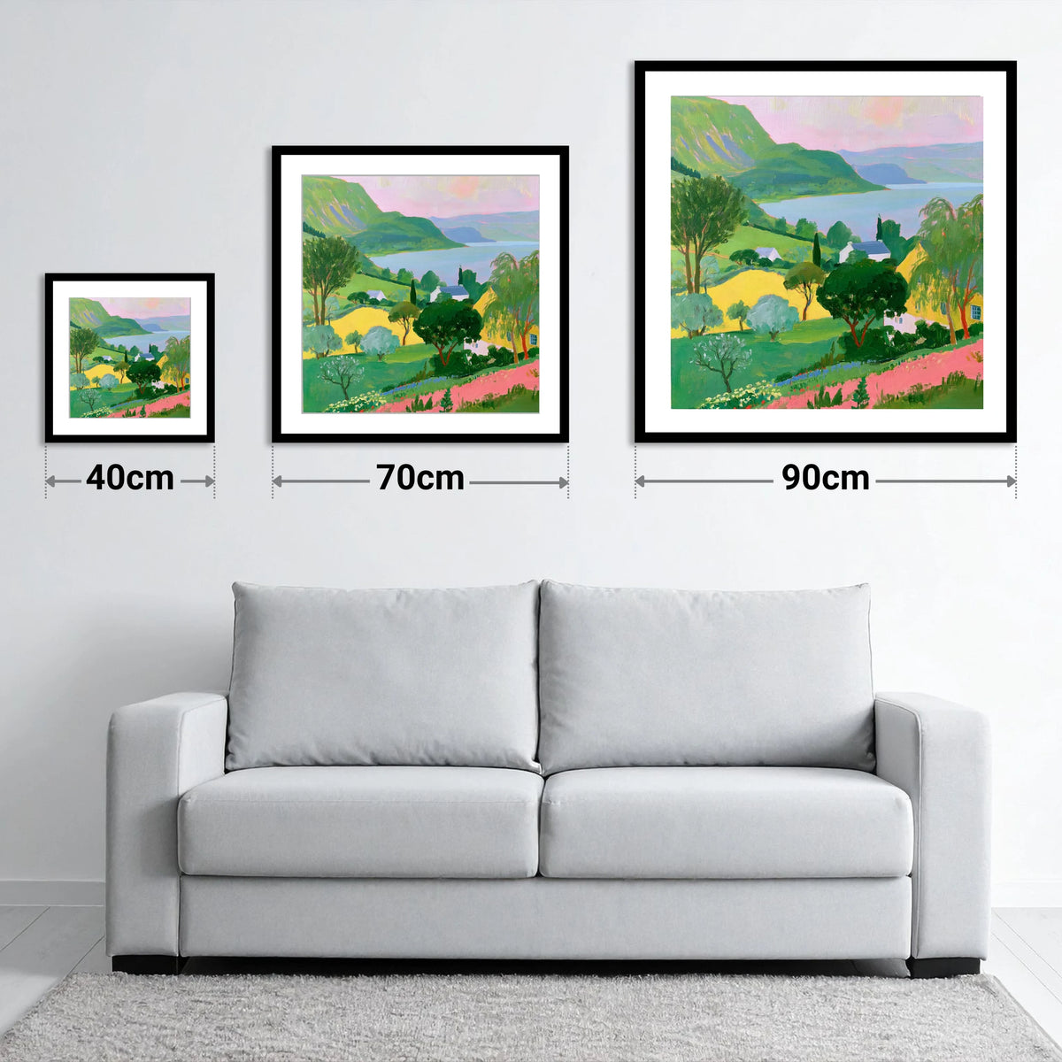 Vibrant Summer Lake and Fells - size guide showing 40cm, 70cm and 90cm art prints