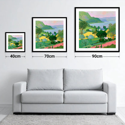 Vibrant Summer Lake and Fells - size guide showing 40cm, 70cm and 90cm art prints