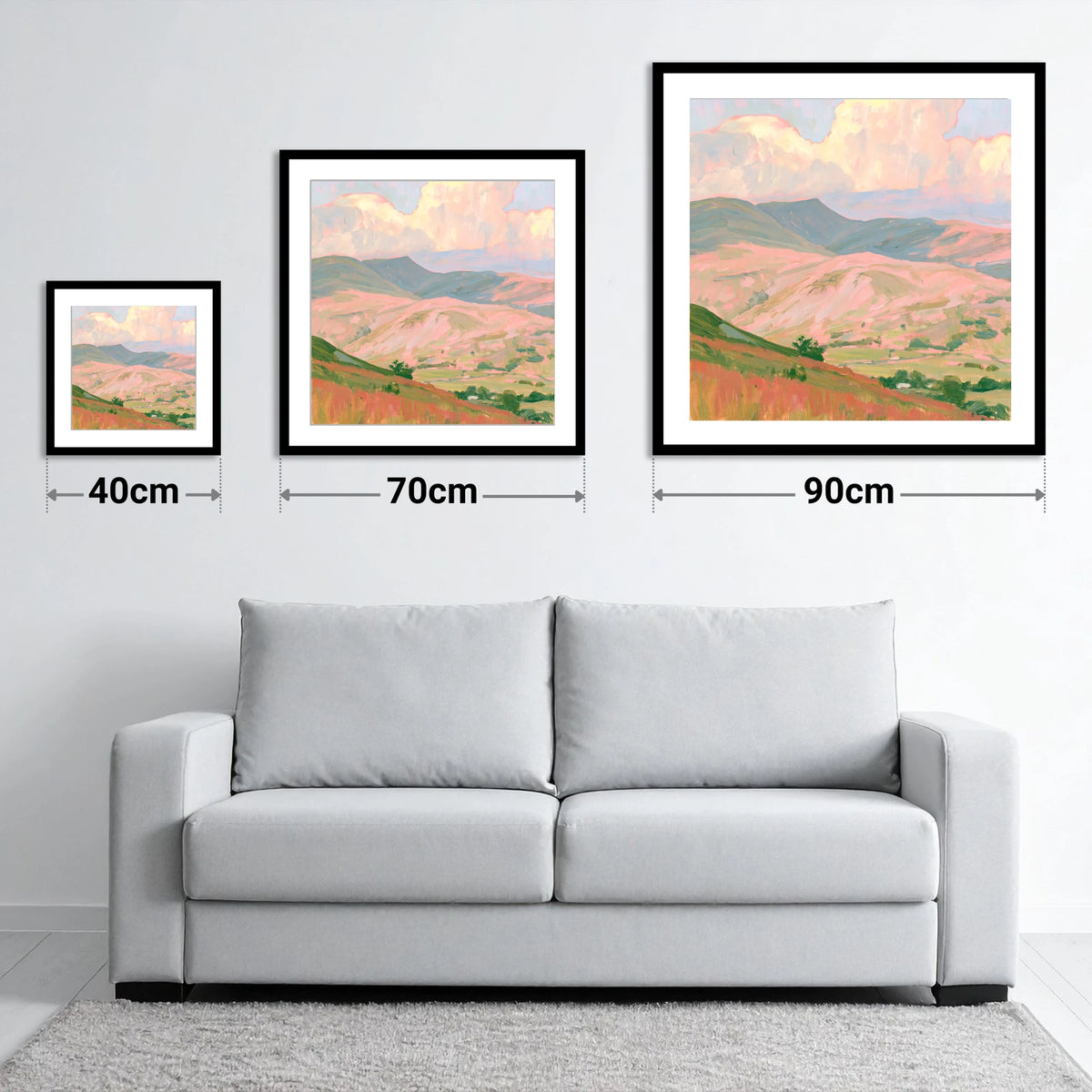 Pastel Light on Rolling Fells - size guide showing 40cm, 70cm and 90cm art prints