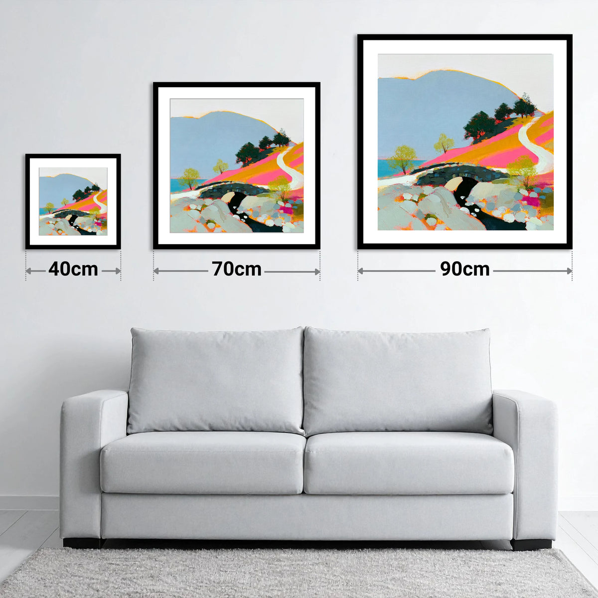 Bold Colours at Ashness Bridge - size guide showing 40cm, 70cm and 90cm art prints