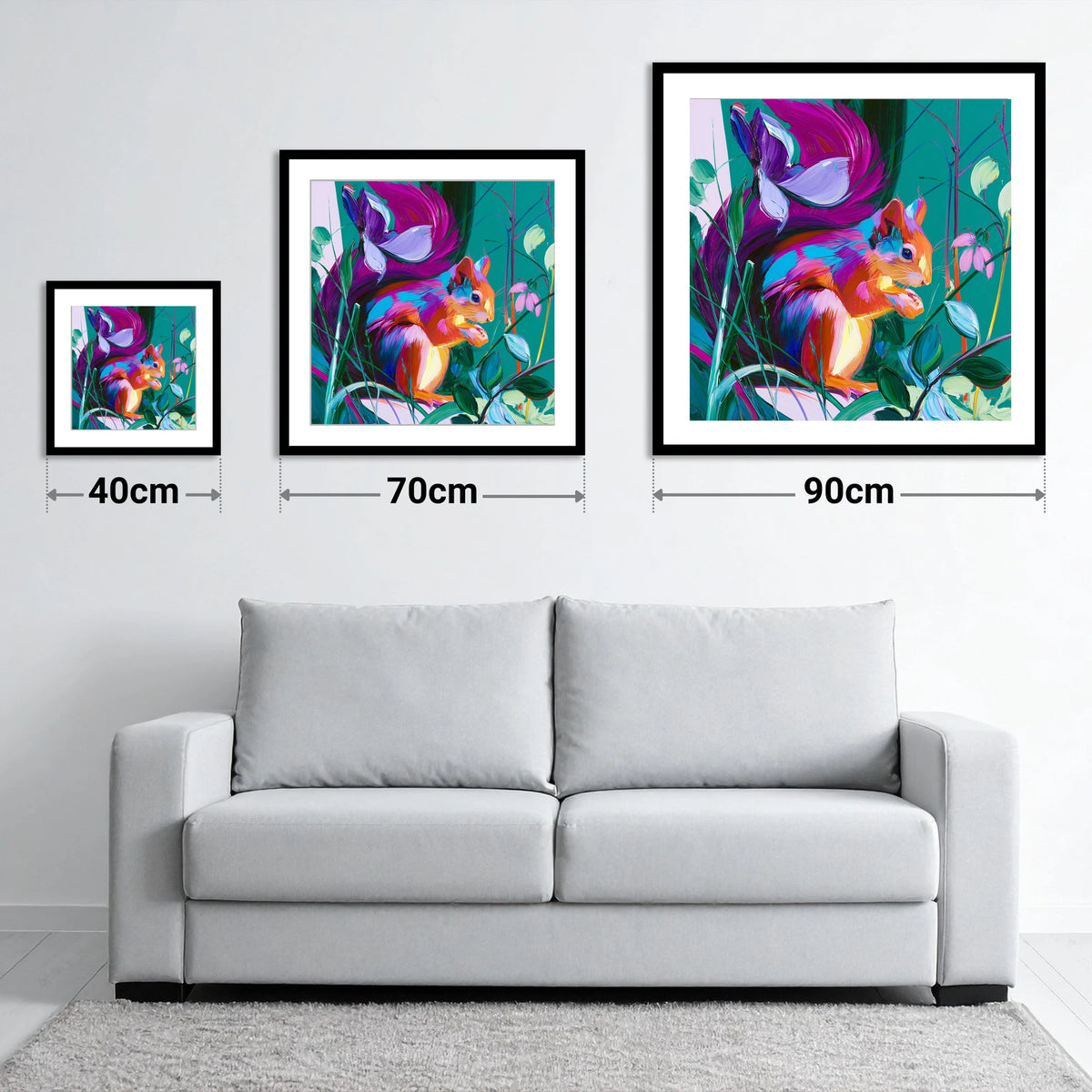 Vibrant Red Squirrel in Woodland - size guide showing 40cm, 70cm and 90cm art prints