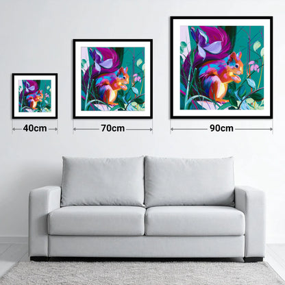 Vibrant Red Squirrel in Woodland - size guide showing 40cm, 70cm and 90cm art prints