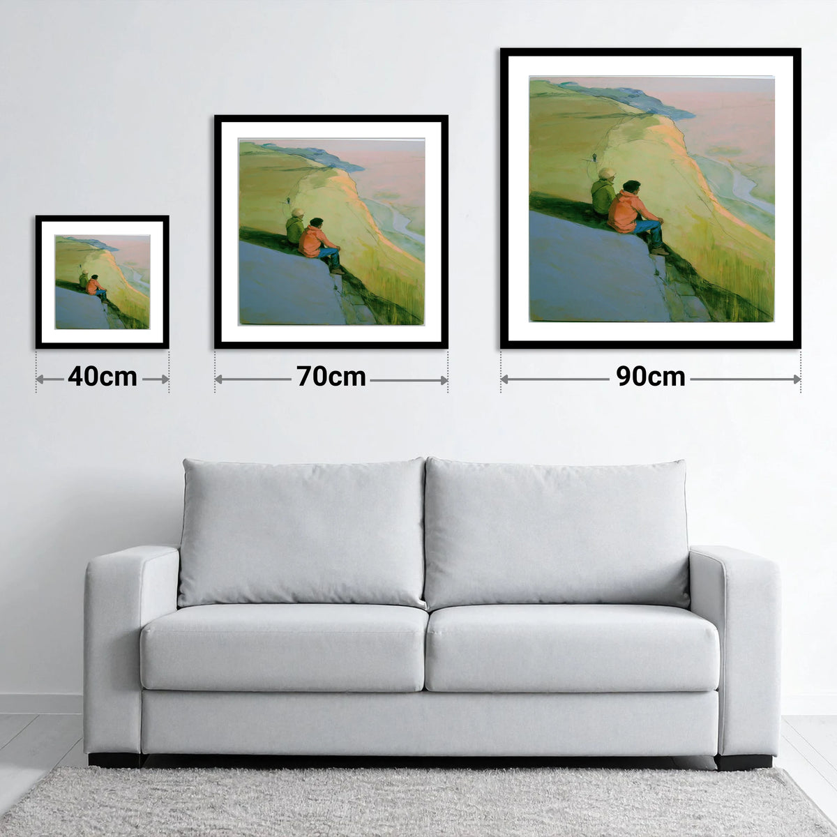 Fell Walkers Above the Valley - size guide showing 40cm, 70cm and 90cm art prints