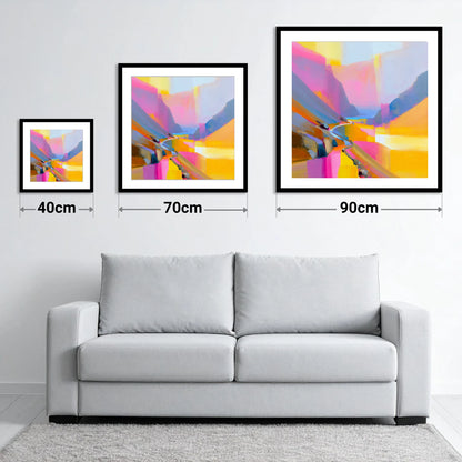 Vivid Fuchsia Winding Mountain Pass - size guide showing 40cm, 70cm and 90cm art prints