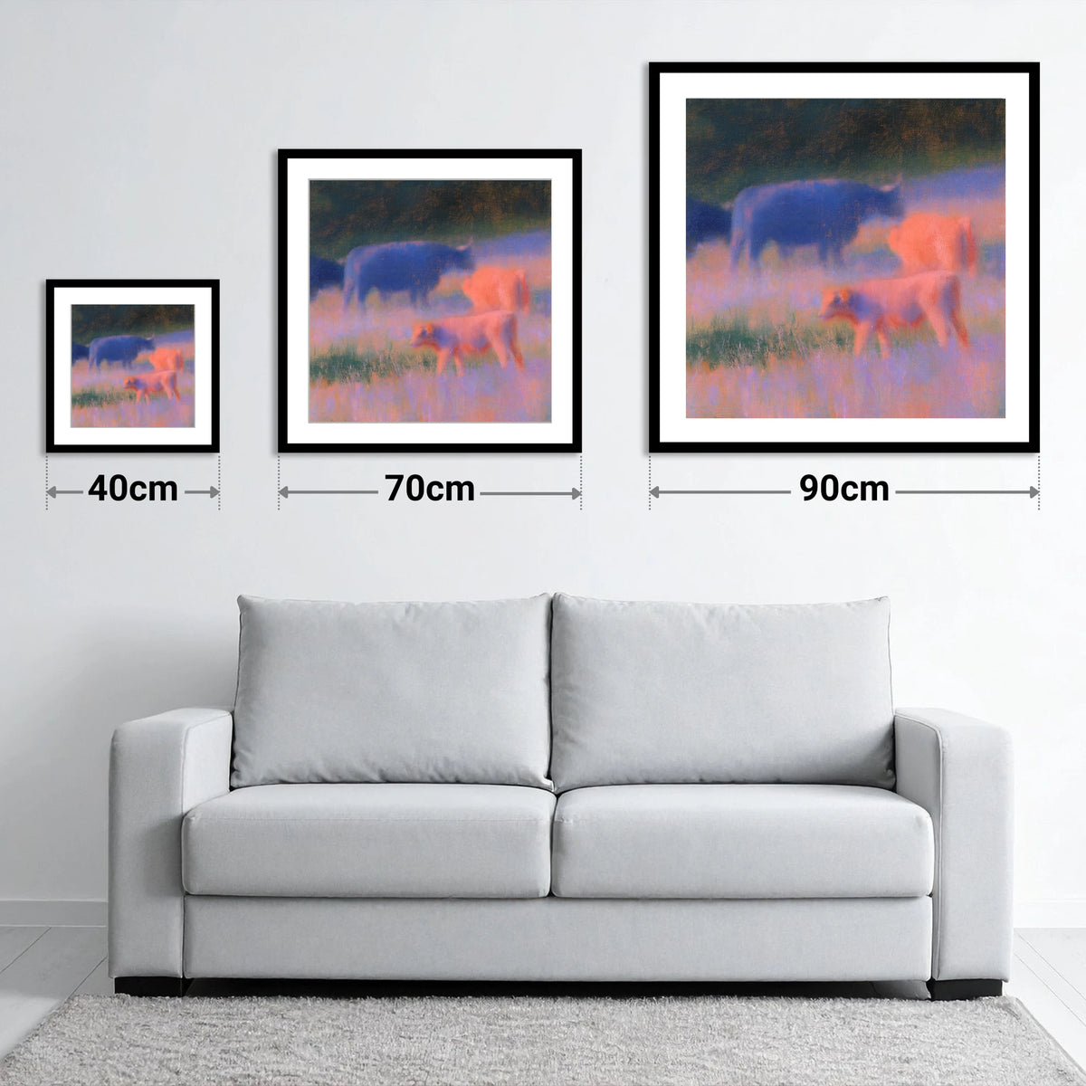 Highland Cattle in Twilight Haze - size guide showing 40cm, 70cm and 90cm art prints