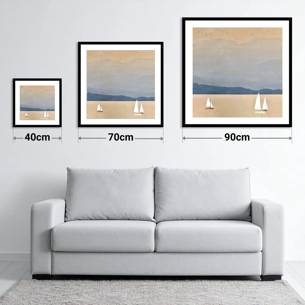 White Sails on Misty Windermere - size guide showing 40cm, 70cm and 90cm art prints