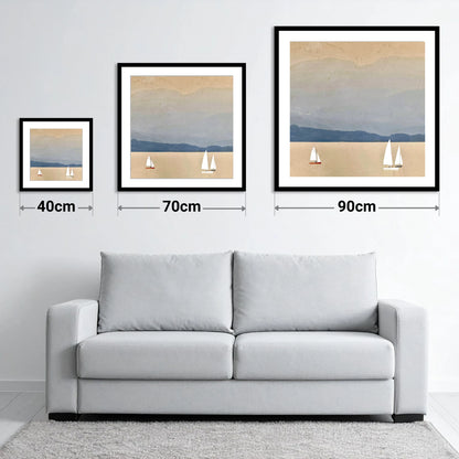 White Sails on Misty Windermere - size guide showing 40cm, 70cm and 90cm art prints