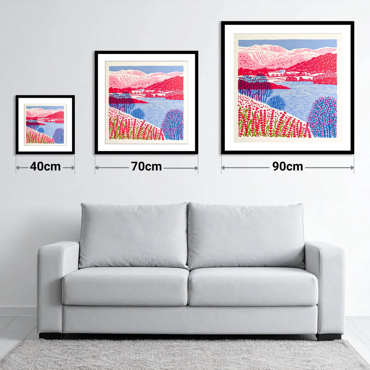 Vibrant Grasmere With Pink Fells - size guide showing 40cm, 70cm and 90cm art prints