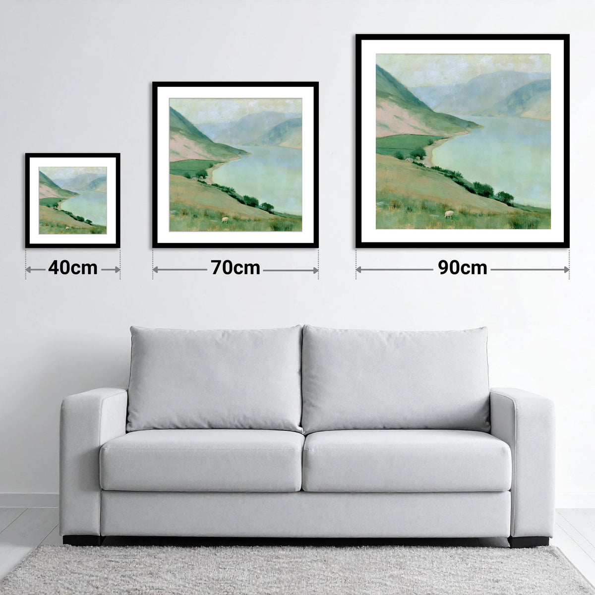 Pastel Haze over Ennerdale Water - size guide showing 40cm, 70cm and 90cm art prints