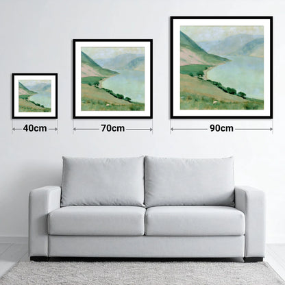 Pastel Haze over Ennerdale Water - size guide showing 40cm, 70cm and 90cm art prints