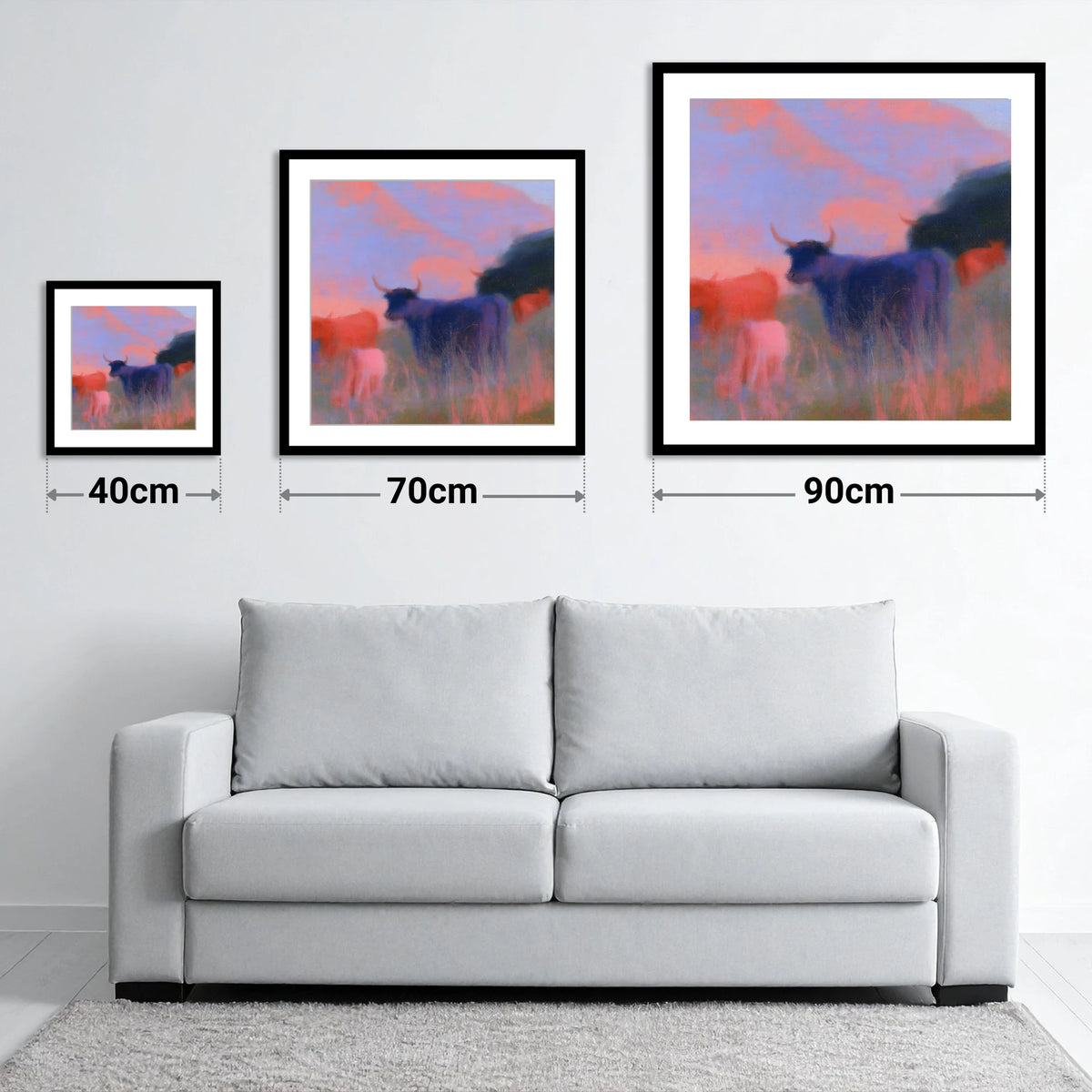 Highland Cattle in Violet Dusk - size guide showing 40cm, 70cm and 90cm art prints