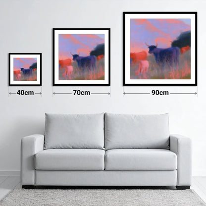 Highland Cattle in Violet Dusk - size guide showing 40cm, 70cm and 90cm art prints