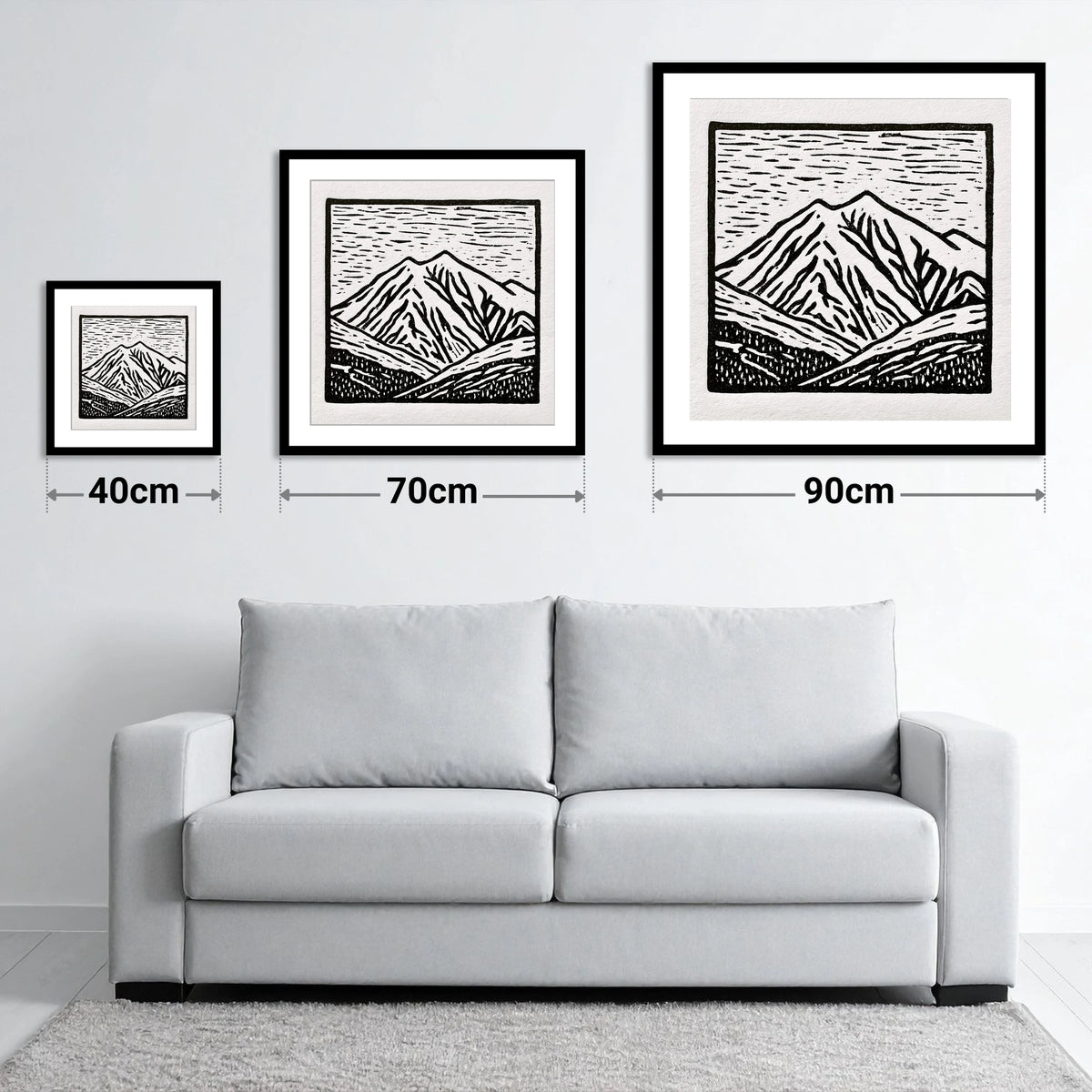 Skiddaw Peak in Graphic Monochrome - size guide showing 40cm, 70cm and 90cm art prints