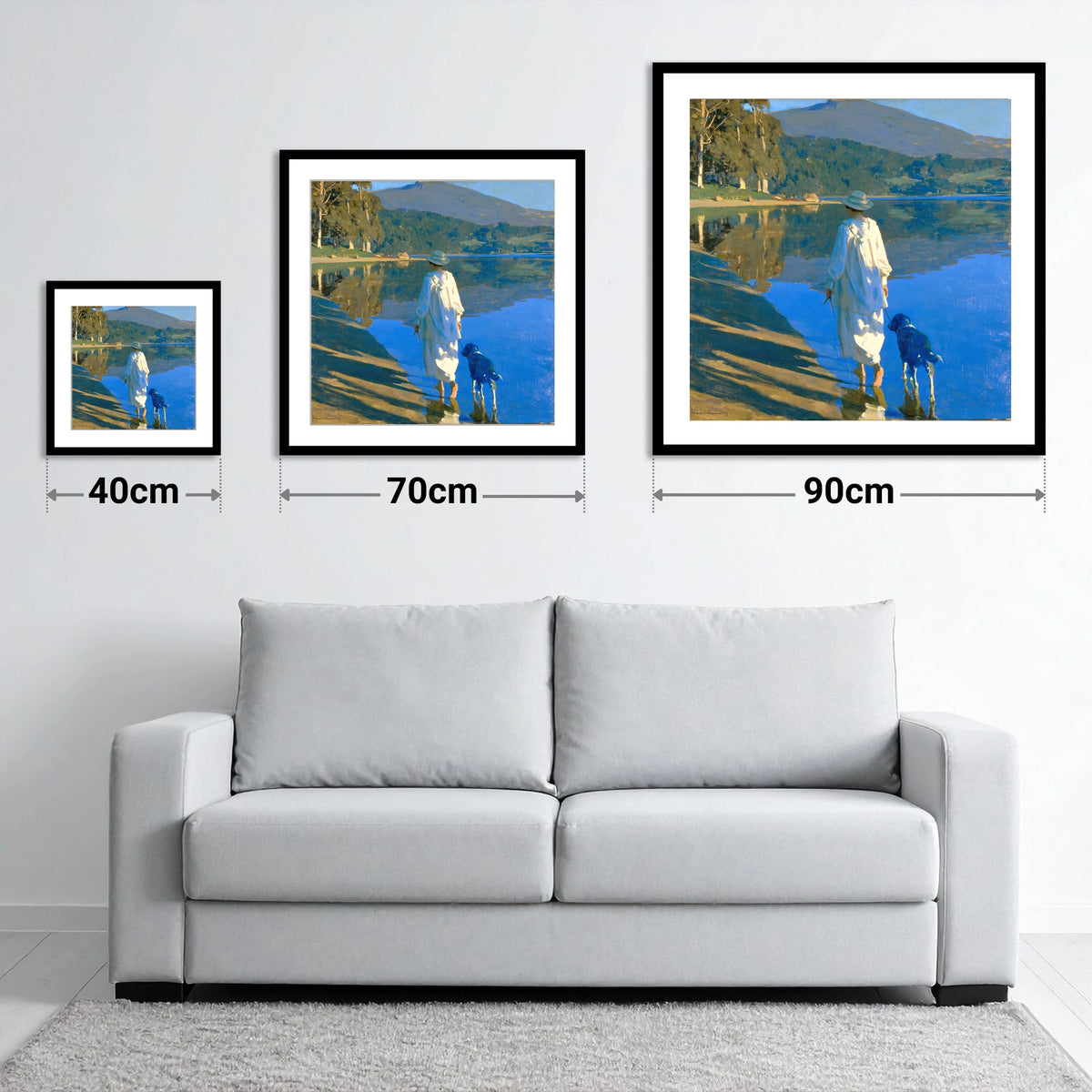 Sunlit Dog Walk Coniston Water - size guide showing 40cm, 70cm and 90cm art prints