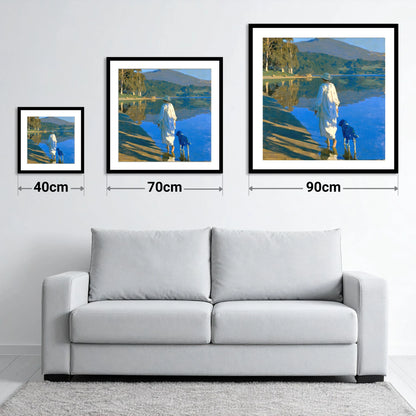 Sunlit Dog Walk Coniston Water - size guide showing 40cm, 70cm and 90cm art prints