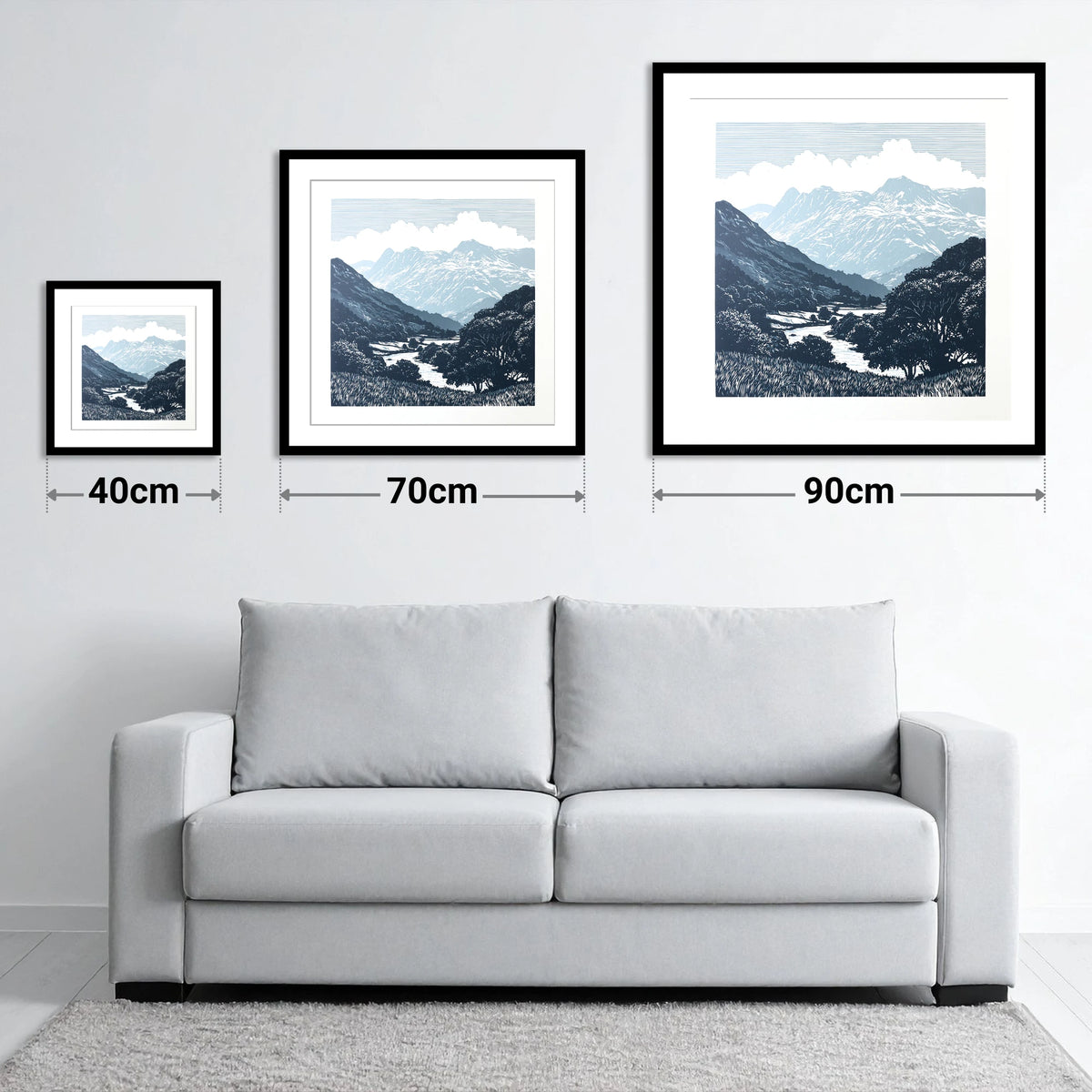 Great Langdale Slate Blue Fells - size guide showing 40cm, 70cm and 90cm art prints