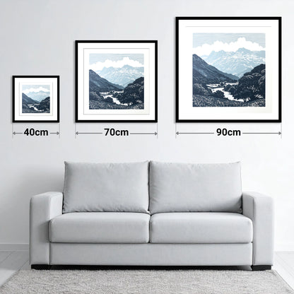 Great Langdale Slate Blue Fells - size guide showing 40cm, 70cm and 90cm art prints
