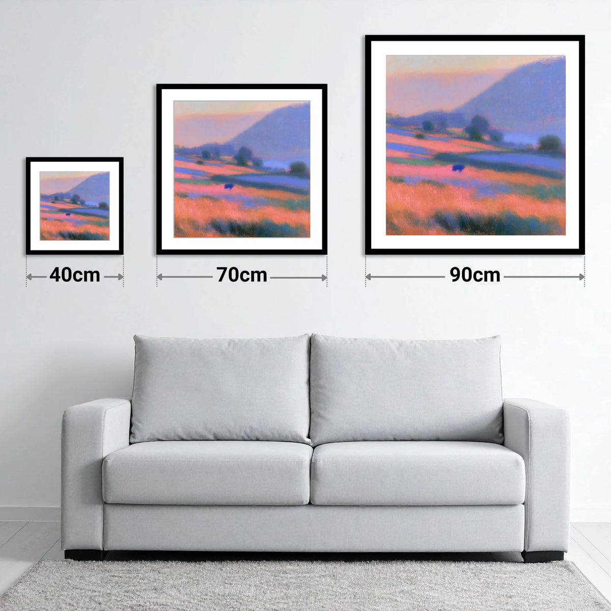 Pink Twilight in a Lakeland Dale - size guide showing 40cm, 70cm and 90cm art prints