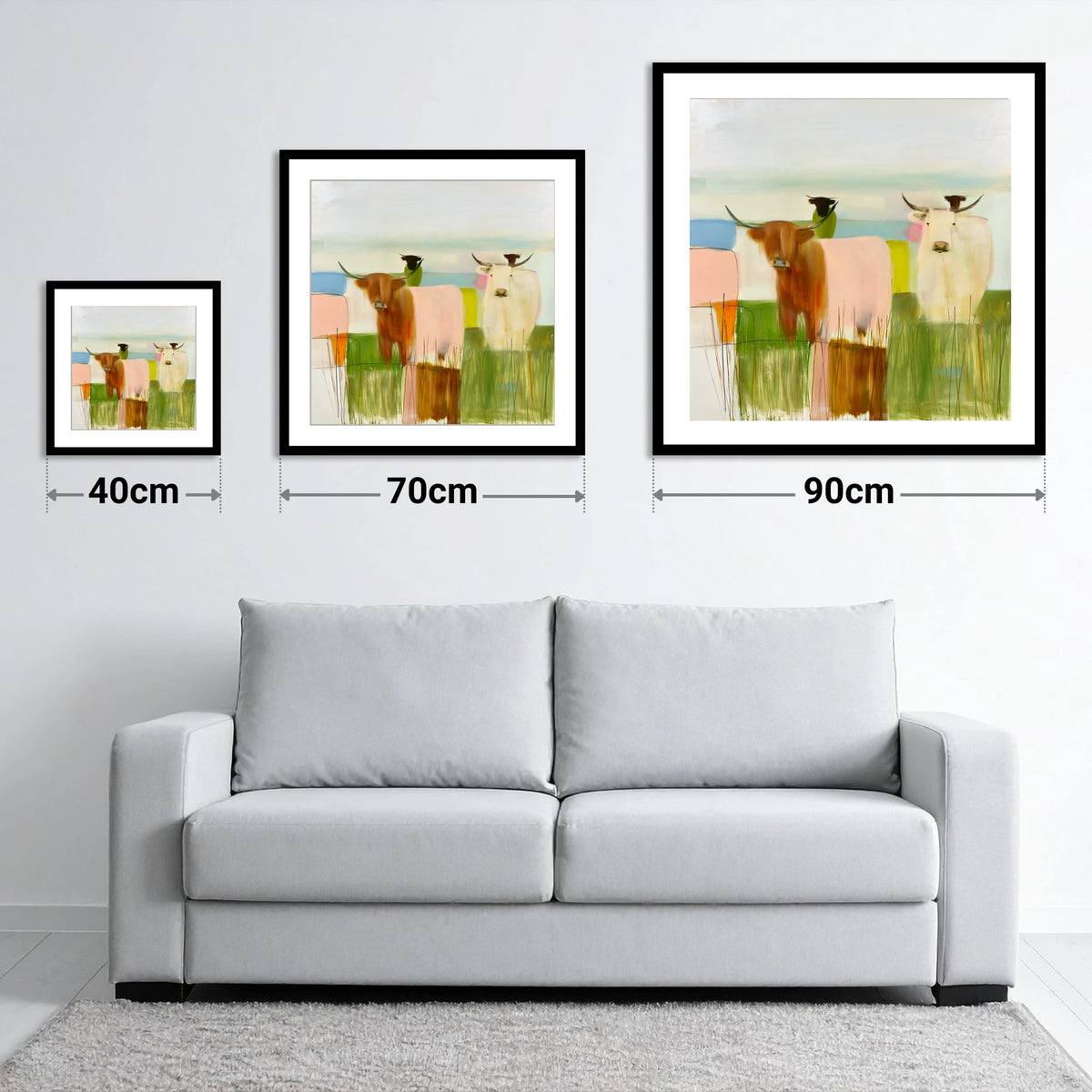 Highland Cattle in Abstract Pastels - size guide showing 40cm, 70cm and 90cm art prints