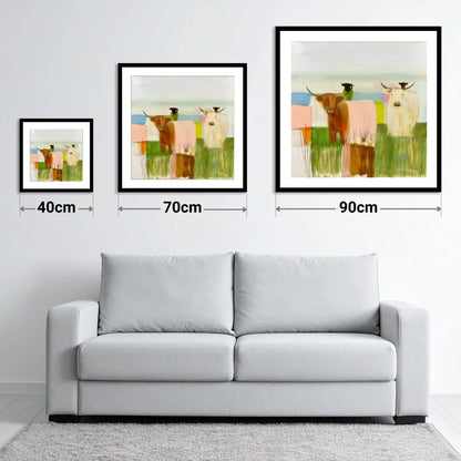 Highland Cattle in Abstract Pastels - size guide showing 40cm, 70cm and 90cm art prints