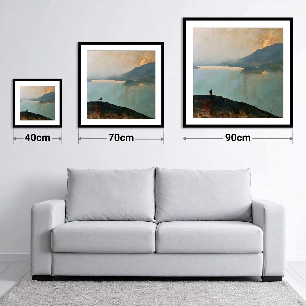 Catbells Walkers in Golden Light - size guide showing 40cm, 70cm and 90cm art prints
