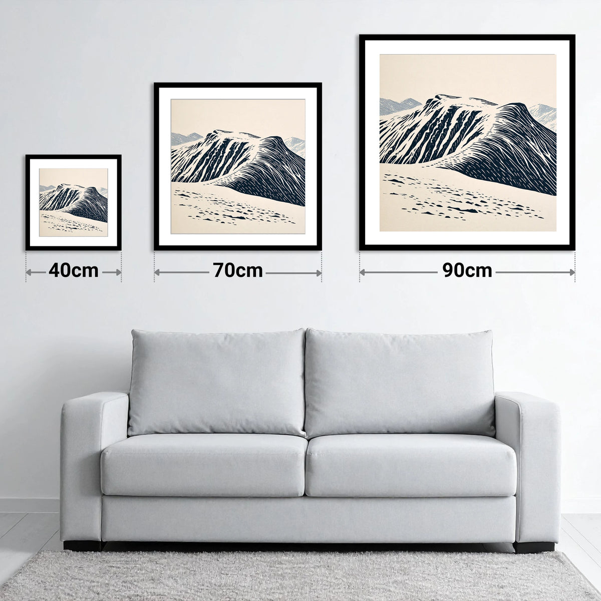 Helvellyn Ridge in Deep Navy - size guide showing 40cm, 70cm and 90cm art prints