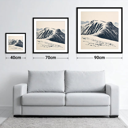 Helvellyn Ridge in Deep Navy - size guide showing 40cm, 70cm and 90cm art prints