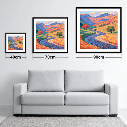 Winding River in Vibrant Valley - size guide showing 40cm, 70cm and 90cm art prints
