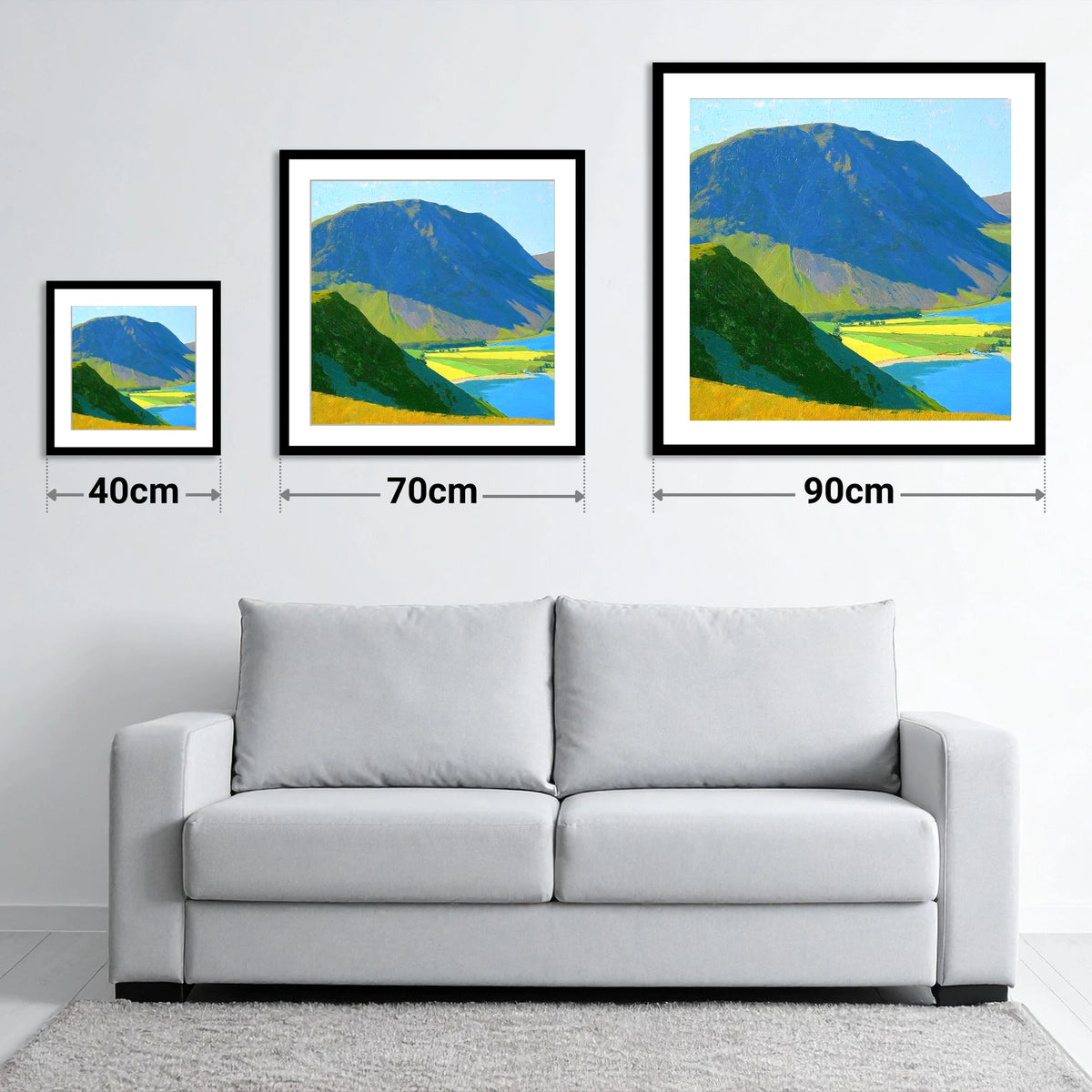 Grasmoor Over Sunlit Valley Fields - size guide showing 40cm, 70cm and 90cm art prints