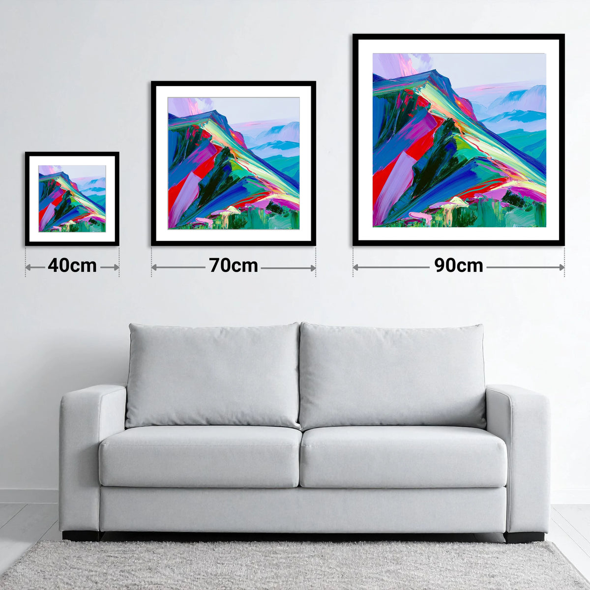 Colourful Misty Mountain Ridge - size guide showing 40cm, 70cm and 90cm art prints