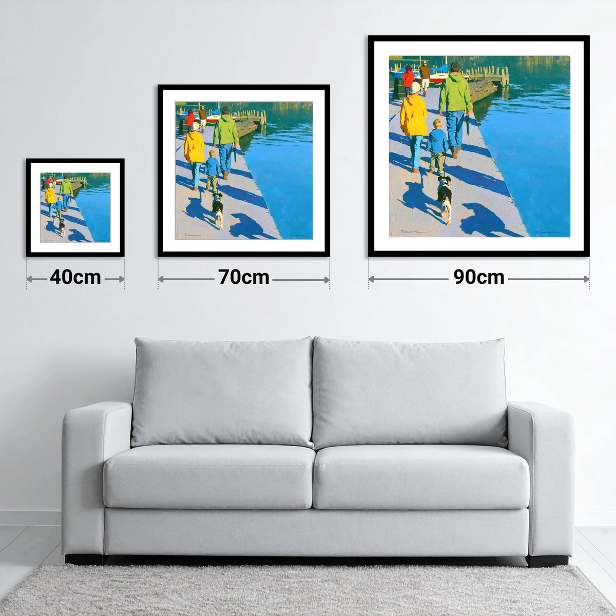 Vibrant Ambleside Family Dog Walk - size guide showing 40cm, 70cm and 90cm art prints