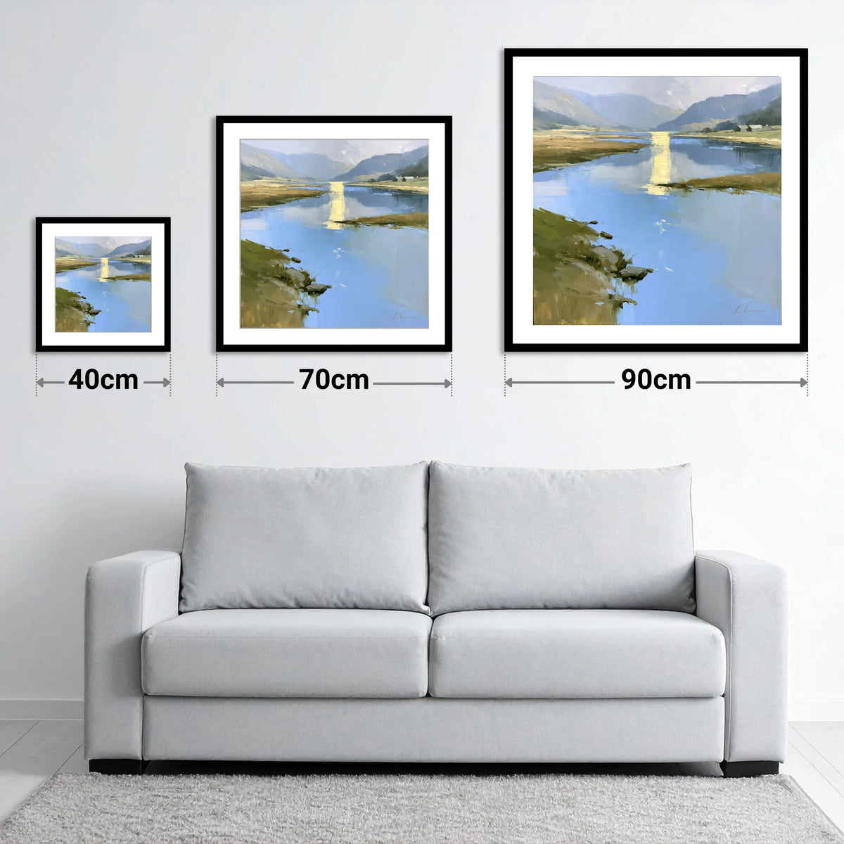 Golden Reflection on the Lake - size guide showing 40cm, 70cm and 90cm art prints