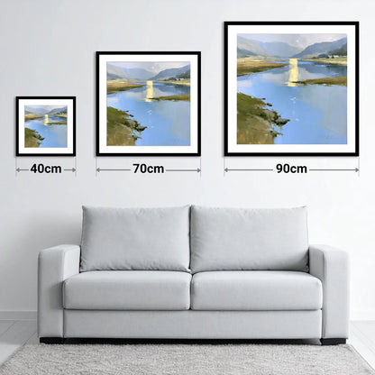Golden Reflection on the Lake - size guide showing 40cm, 70cm and 90cm art prints