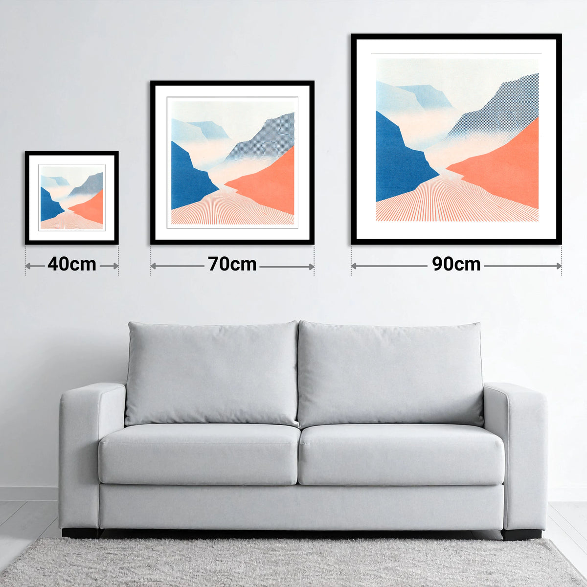 Honister Pass in Bold Coral - size guide showing 40cm, 70cm and 90cm art prints