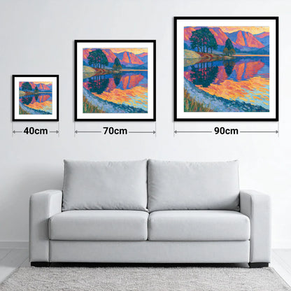 Vivid Dawn Lake Reflection - size guide showing 40cm, 70cm and 90cm art prints