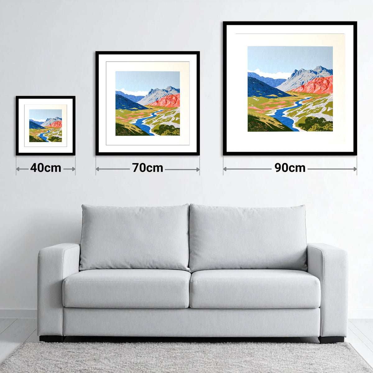 Coral Fells Of Great Langdale - size guide showing 40cm, 70cm and 90cm art prints