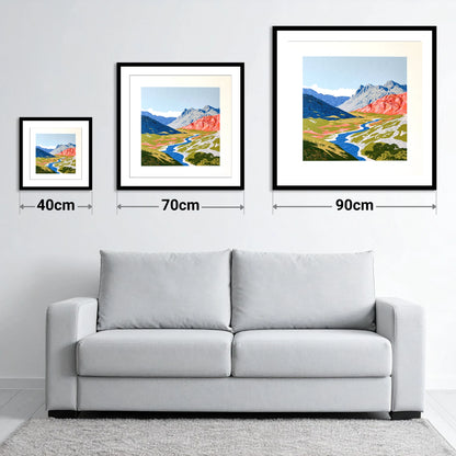 Coral Fells Of Great Langdale - size guide showing 40cm, 70cm and 90cm art prints