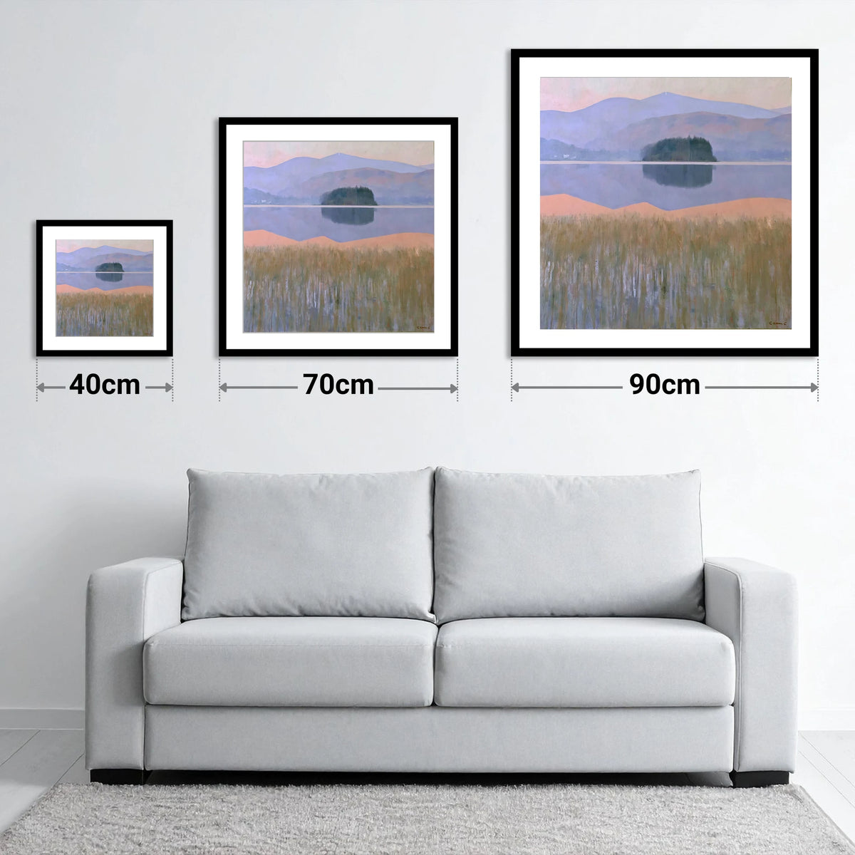Grasmere Island and Pastel Fells - size guide showing 40cm, 70cm and 90cm art prints