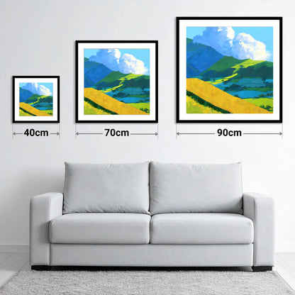 Sunlight and Shadow over Lakeland Fells - size guide showing 40cm, 70cm and 90cm art prints