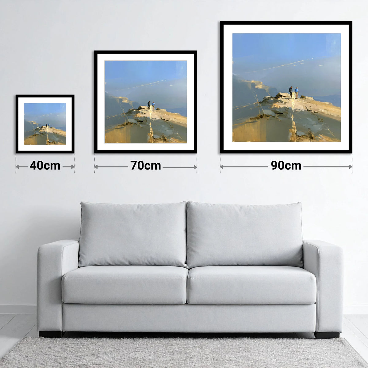 Walkers on a Sunlit Ridge - size guide showing 40cm, 70cm and 90cm art prints