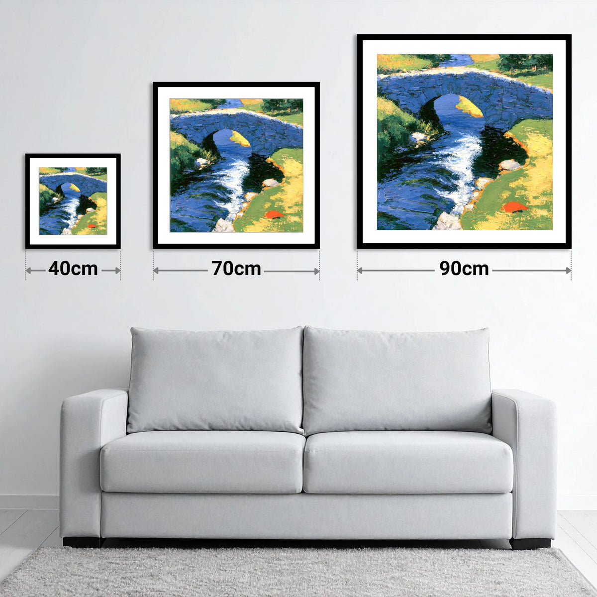 Sunlit Stone Bridge and Beck - size guide showing 40cm, 70cm and 90cm art prints