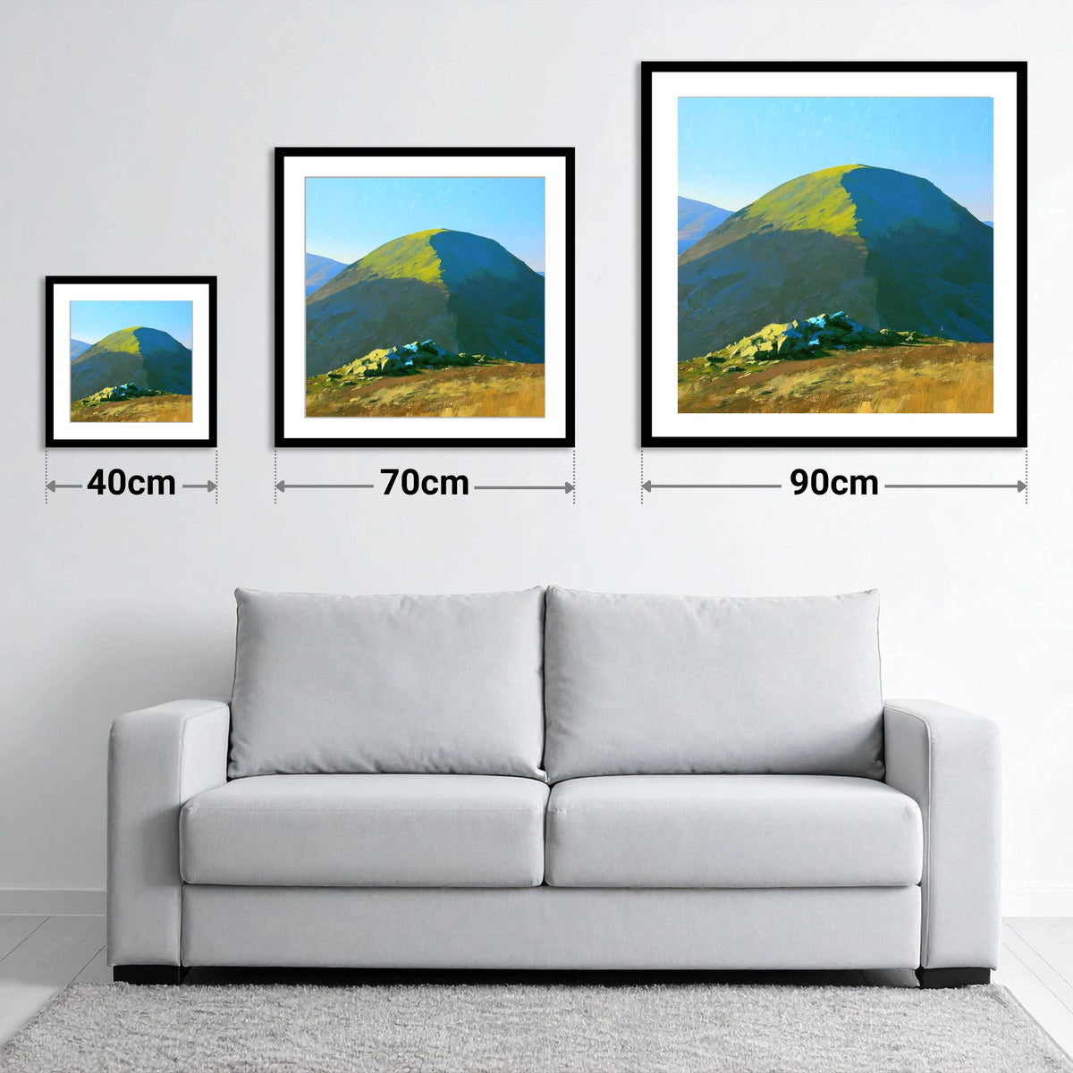 Sunlit Dome of Rest Dodd - size guide showing 40cm, 70cm and 90cm art prints