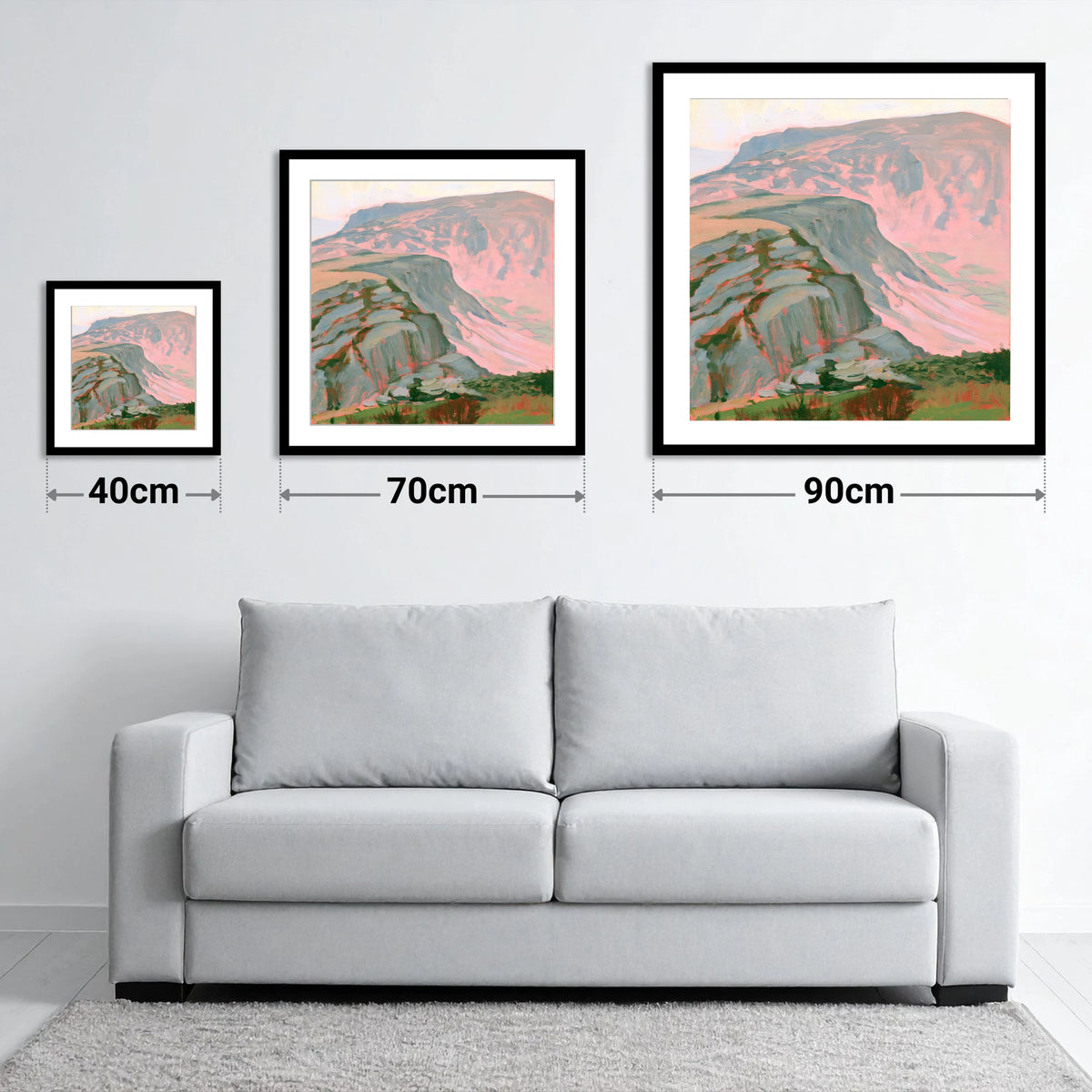 Pastel Pink Mountain Ridge - size guide showing 40cm, 70cm and 90cm art prints