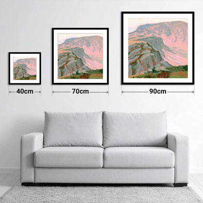 Pastel Pink Mountain Ridge - size guide showing 40cm, 70cm and 90cm art prints