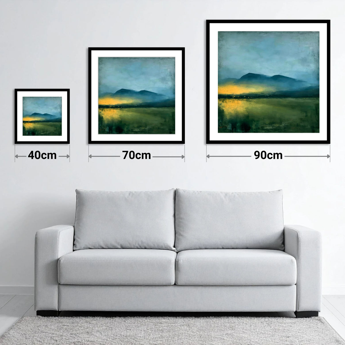 Golden Mist Below Dark Fells - size guide showing 40cm, 70cm and 90cm art prints