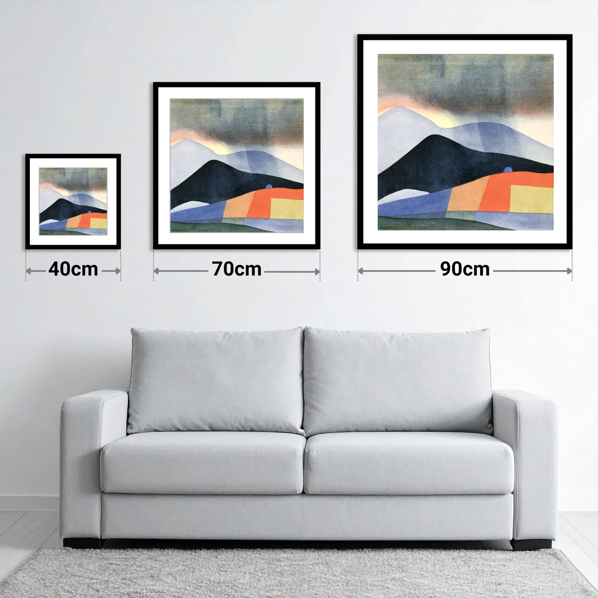 Abstract Fells Under Storm Clouds - size guide showing 40cm, 70cm and 90cm art prints